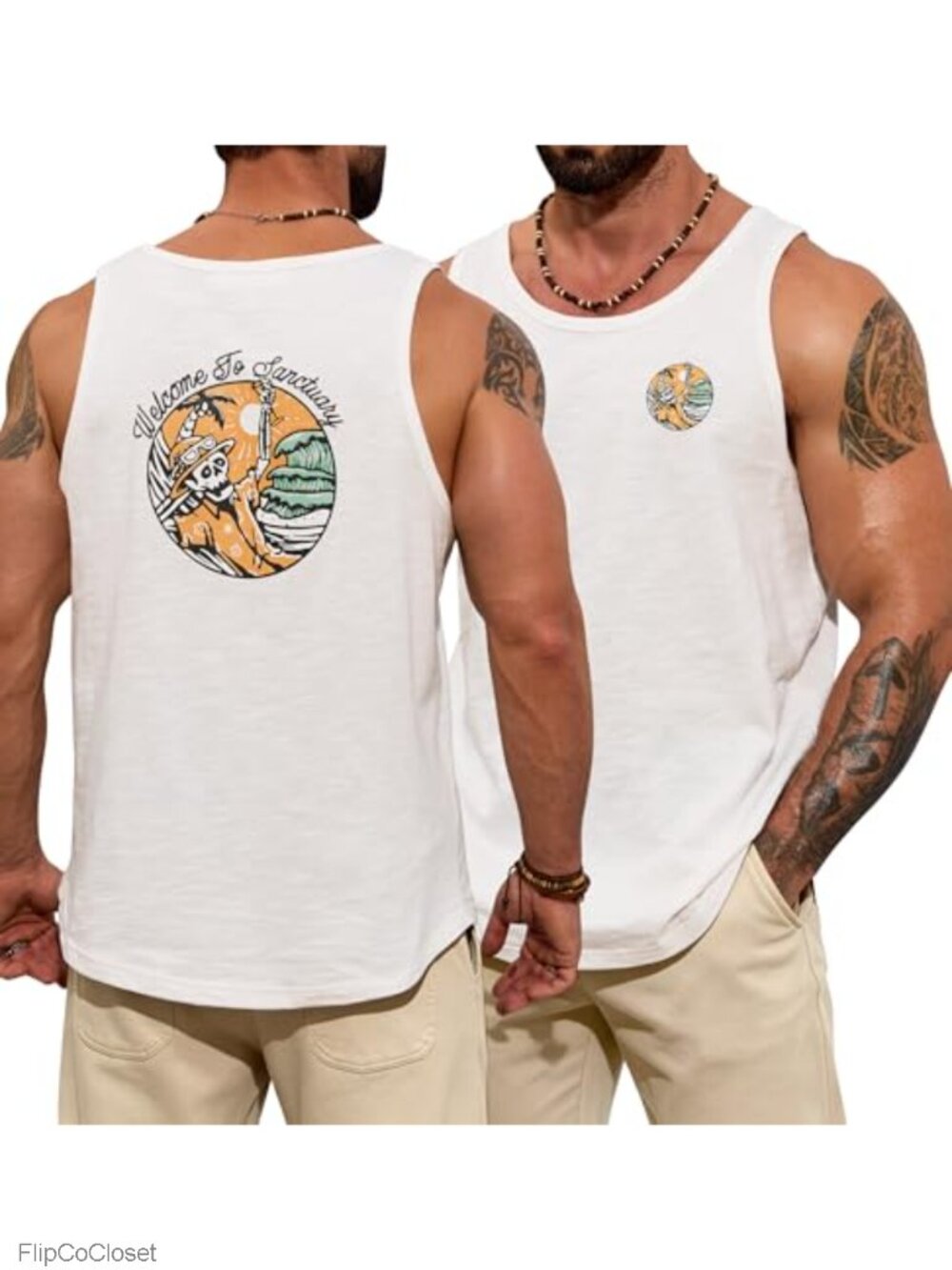 Mens Graphic Tank Top Slub Cotton Sleeveless Beach Shirt
